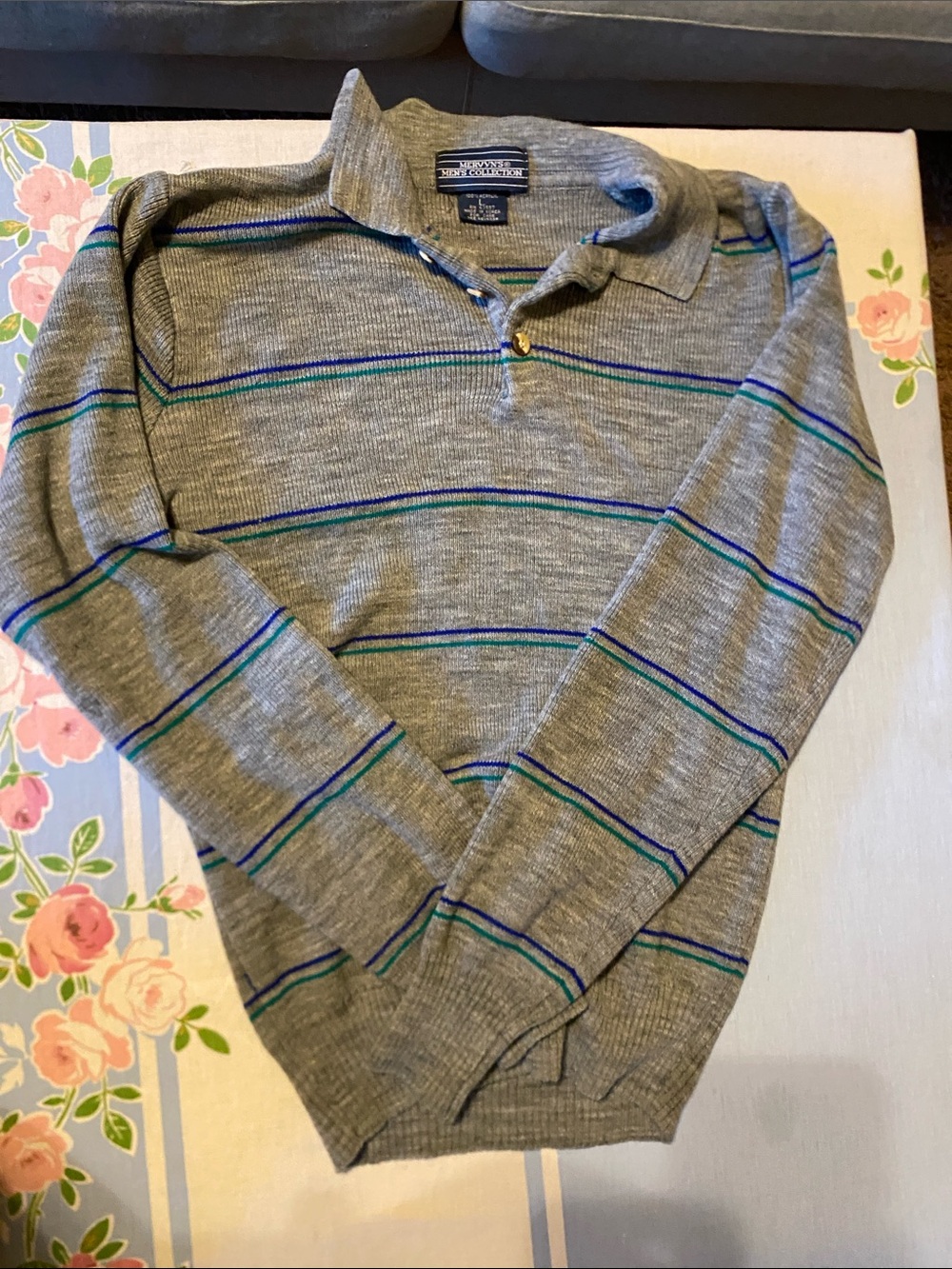 90’s Gray Crewneck Polo Sweater with Blue & Green Stripes